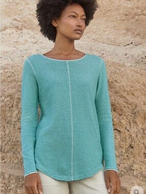 POETRY Hemp Organic Cotton Turquoise White Stripe Long Sleeve Woman Top Size 12